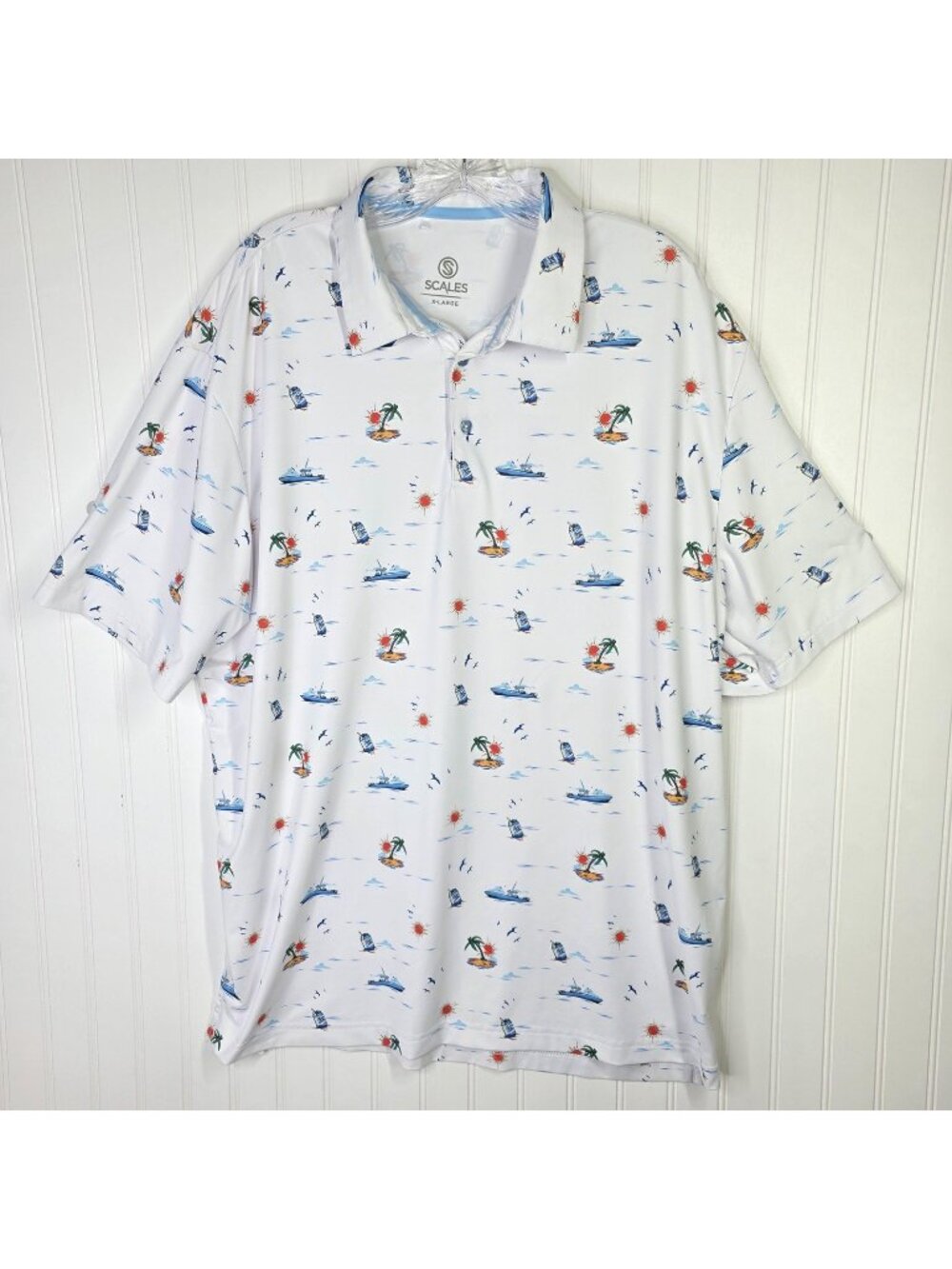 Scales Polo Shirt Mens XL White Nautical Boat Tropical Fishing Golf Booze Cruz